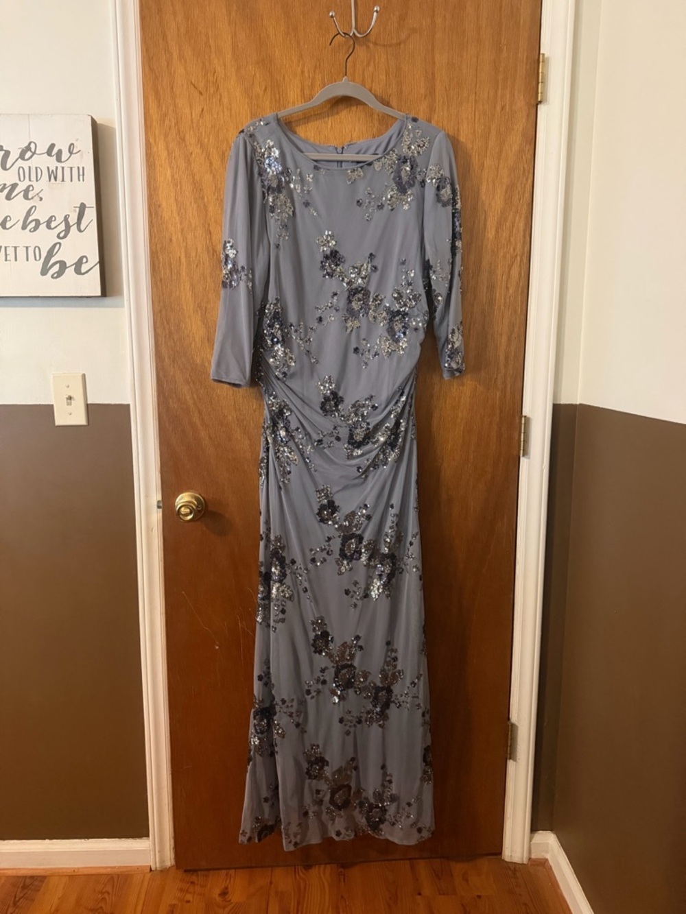 SLNY Slate Blue Sequin-Embellished Long Sleeve Gown